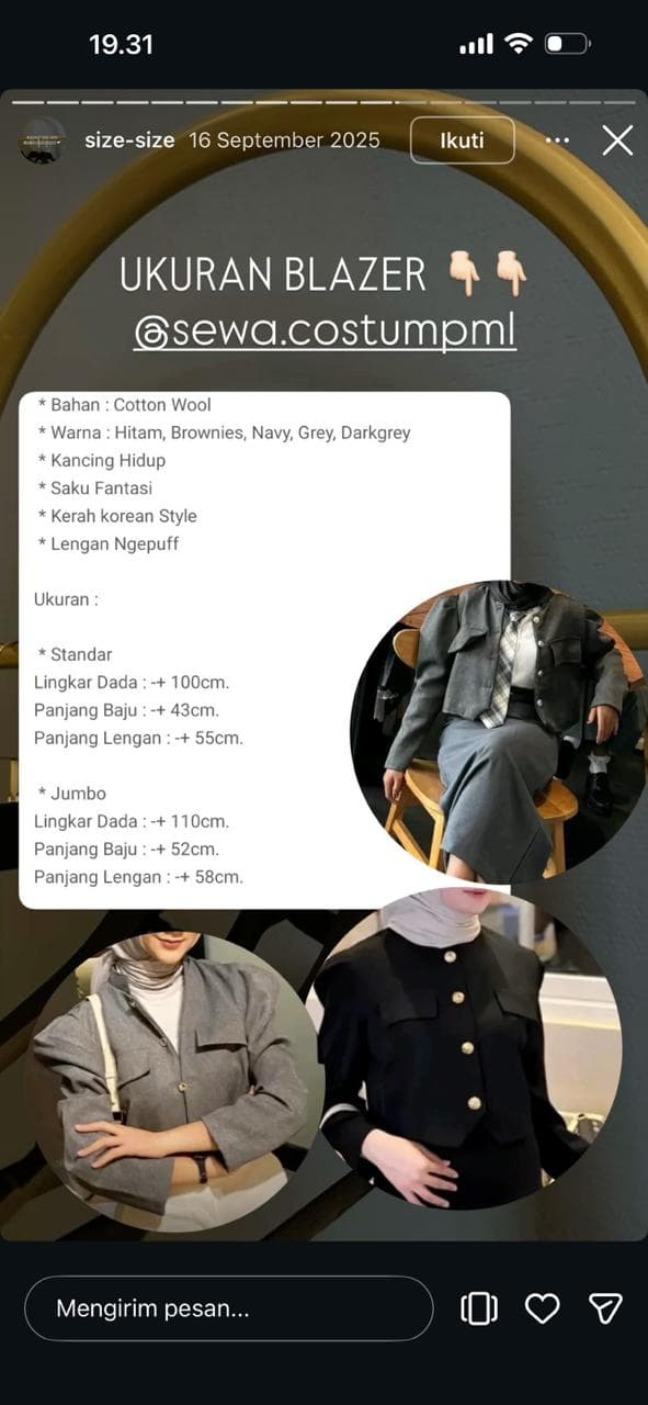 Panduan ukuran Blazer (Standar/Jumbo)