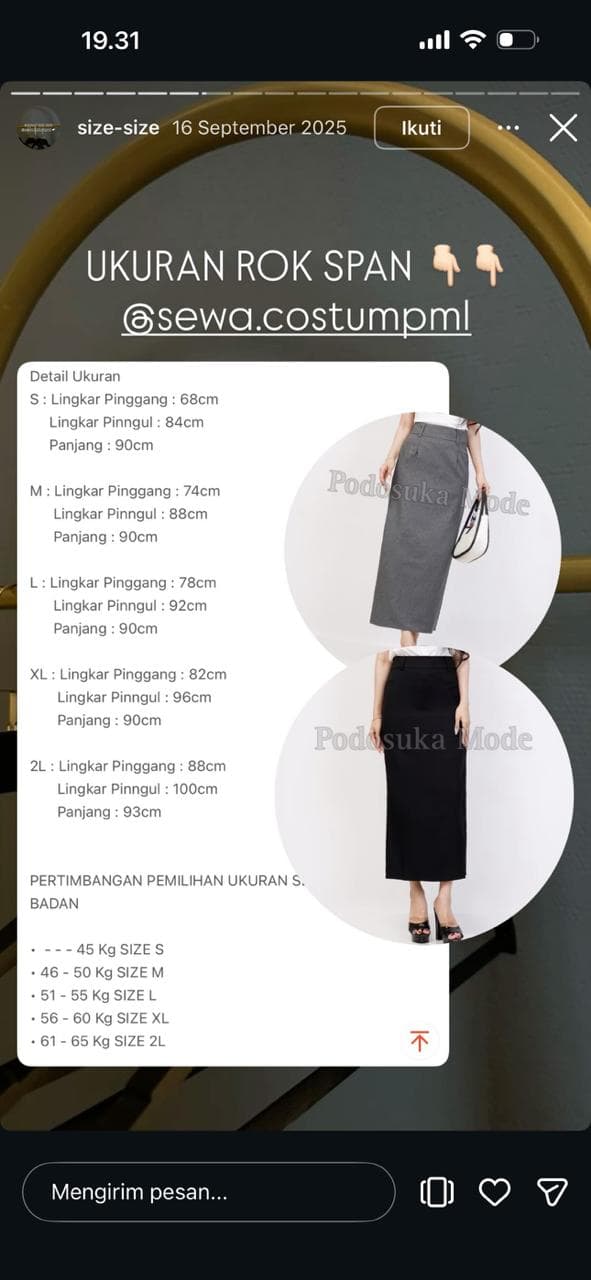 Panduan ukuran Rok Span