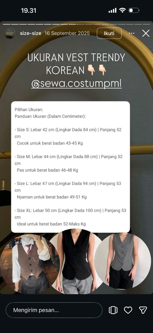 Panduan ukuran Vest Trendy Korean
